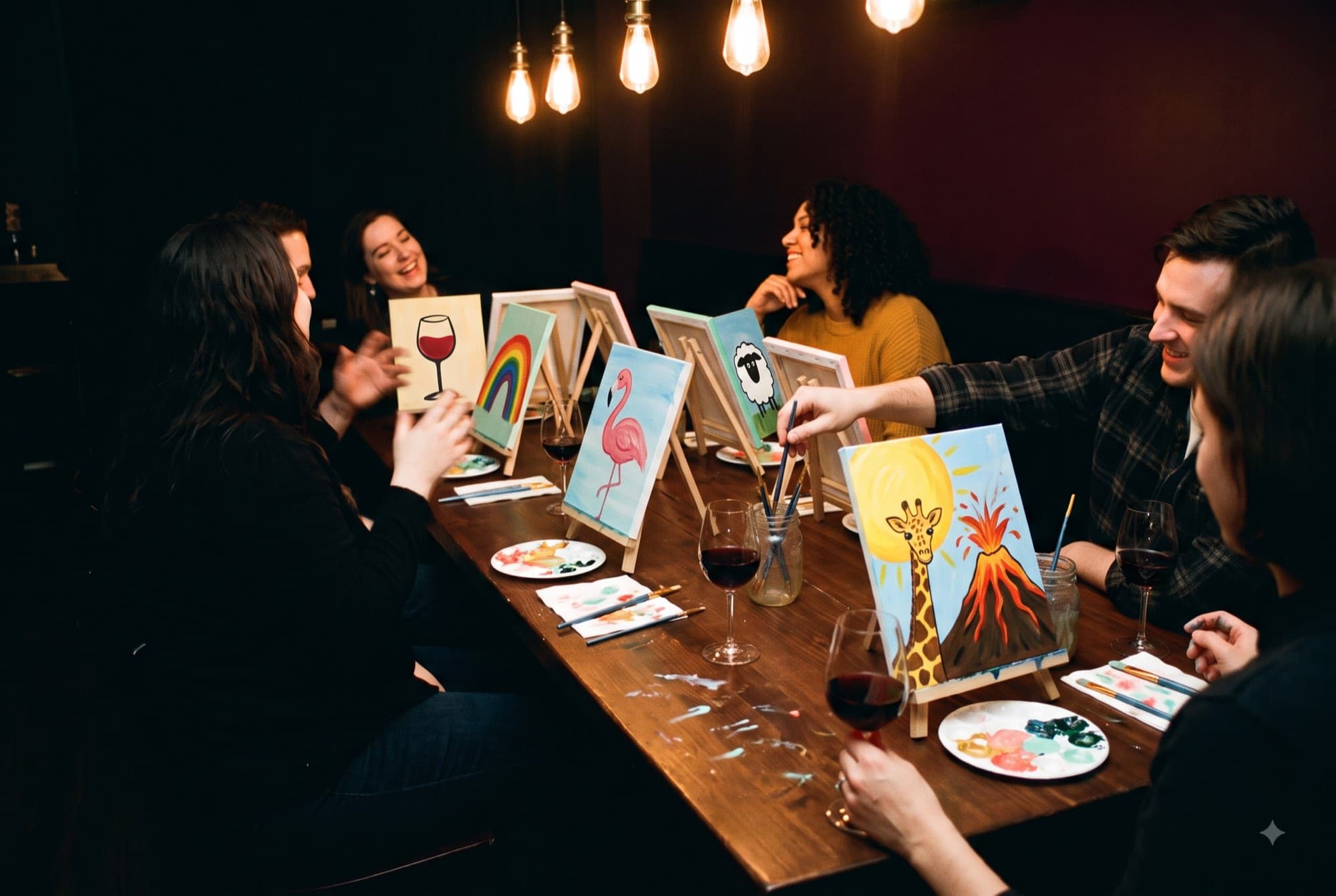 Mesa larga en un bar, gente pintando su propia consigna con una copa de vino al lado