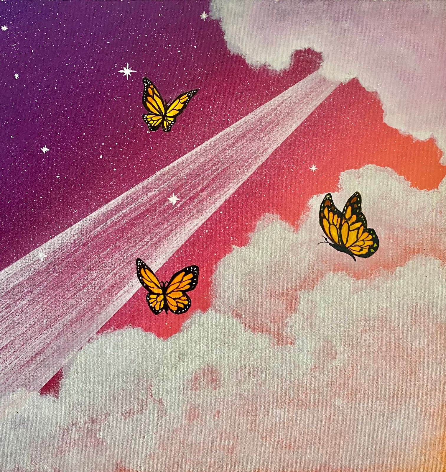 A los dos meses ya me animaba a inventar en vez de copiar: mariposas sobre cielo rosa.