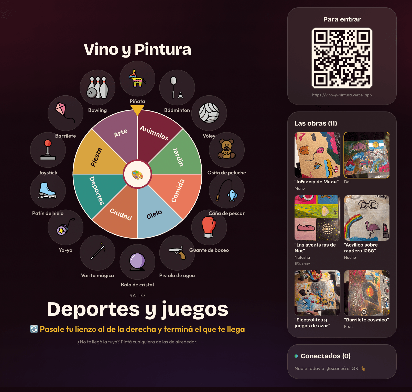 La pantalla proyectada: la rueda con las consignas de la ronda orbitándola, el QR para entrar y las obras que se iban subiendo.